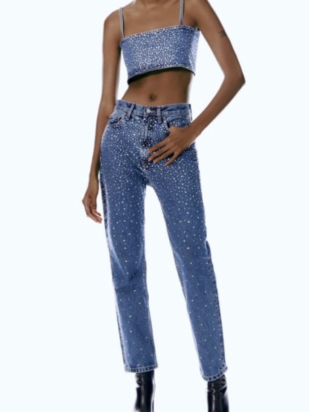 Zara Denim Blue Rhinestone Crop Top - Picture 2 of 9